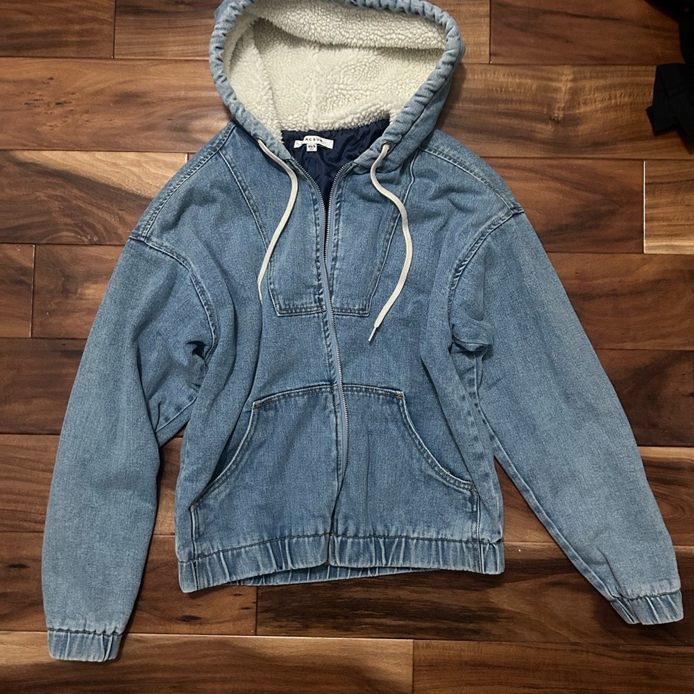 Blue Denim Sherpa-Lined Hoodie Jacket
